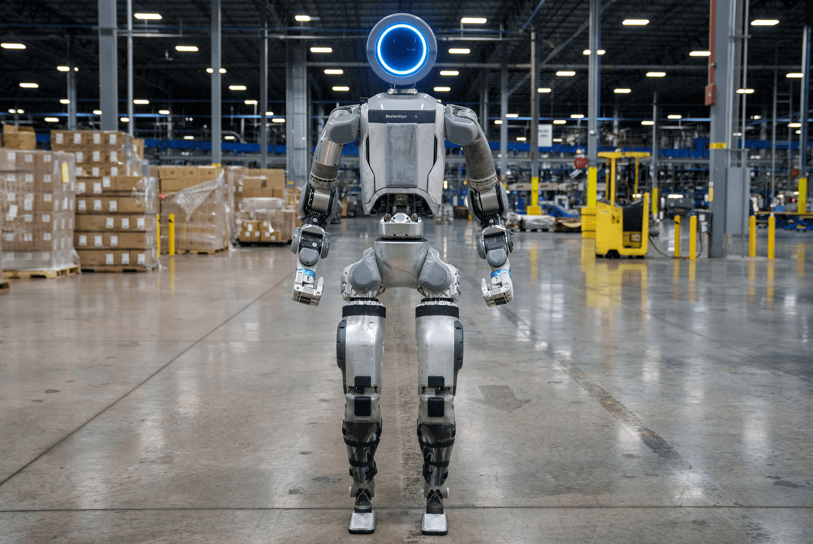 A Boston Dynamics Atlas robot in a warehouse