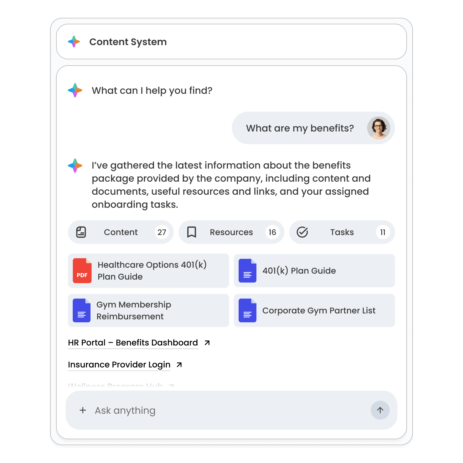 Content System search answering a benefits question with linked documents and resources