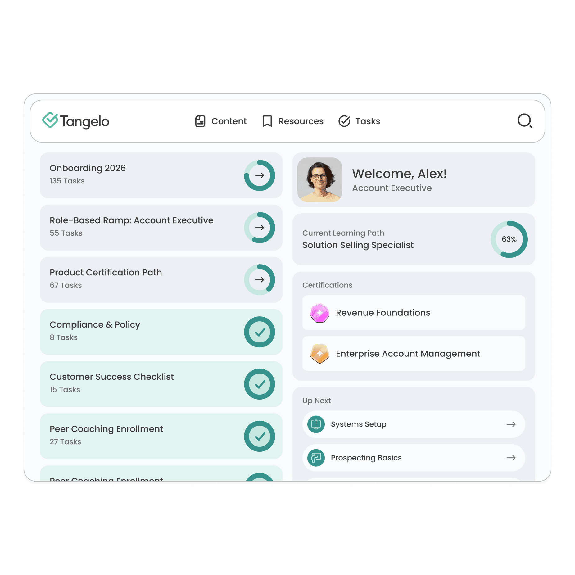 Learning hub showing a rep’s onboarding paths, certifications and progress
