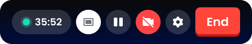 Call controls: timer at 35:52, screen share, pause, camera off, settings and End